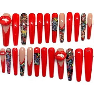 Handmade Custom Press on Nails 3X Long Coffin Shape Gel Graffiti Red Lips Nails